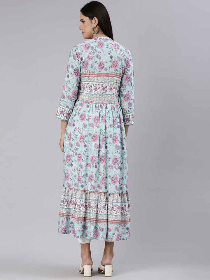 Neerus Blue Straight Casual Floral Dress