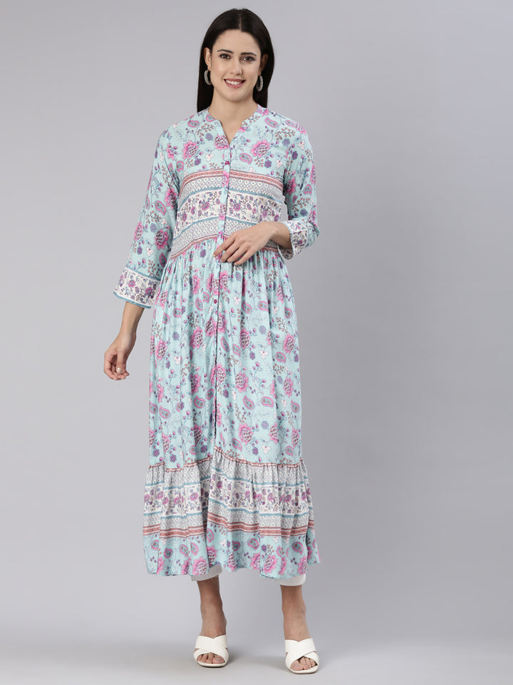 Neerus Blue Straight Casual Floral Dress