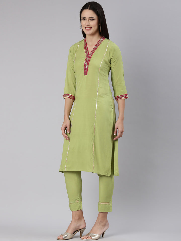 Neerus Green Regular Straight Solid Kurta And Trousers