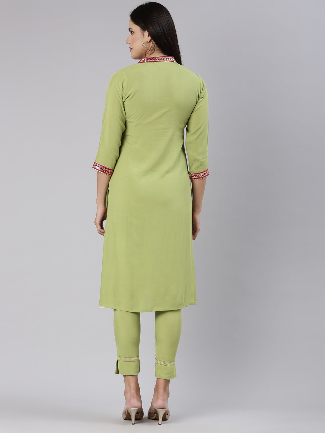 Neerus Green Regular Straight Solid Kurta And Trousers