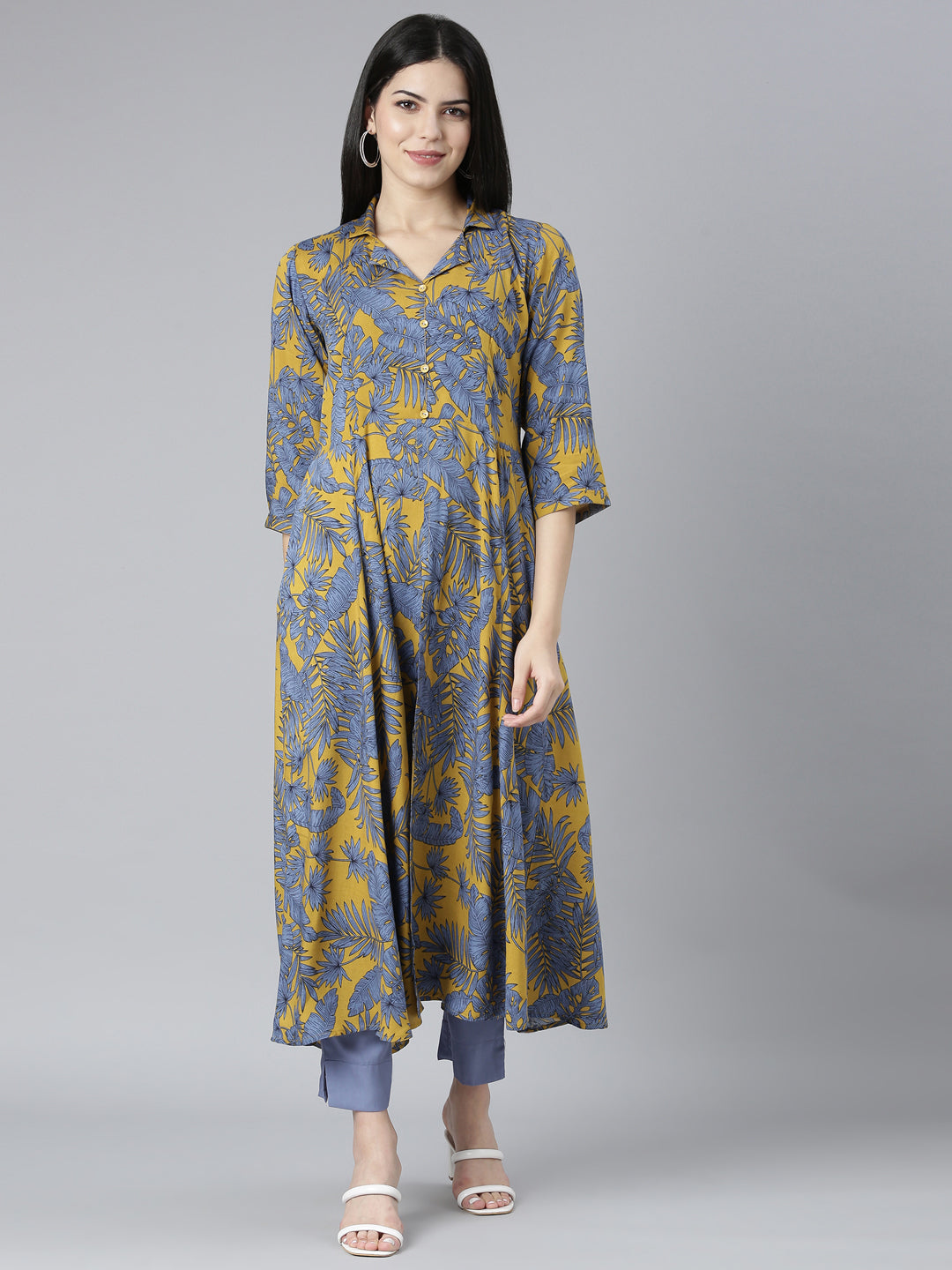Neerus Yellow rayon printed kurta set with trousers - front view