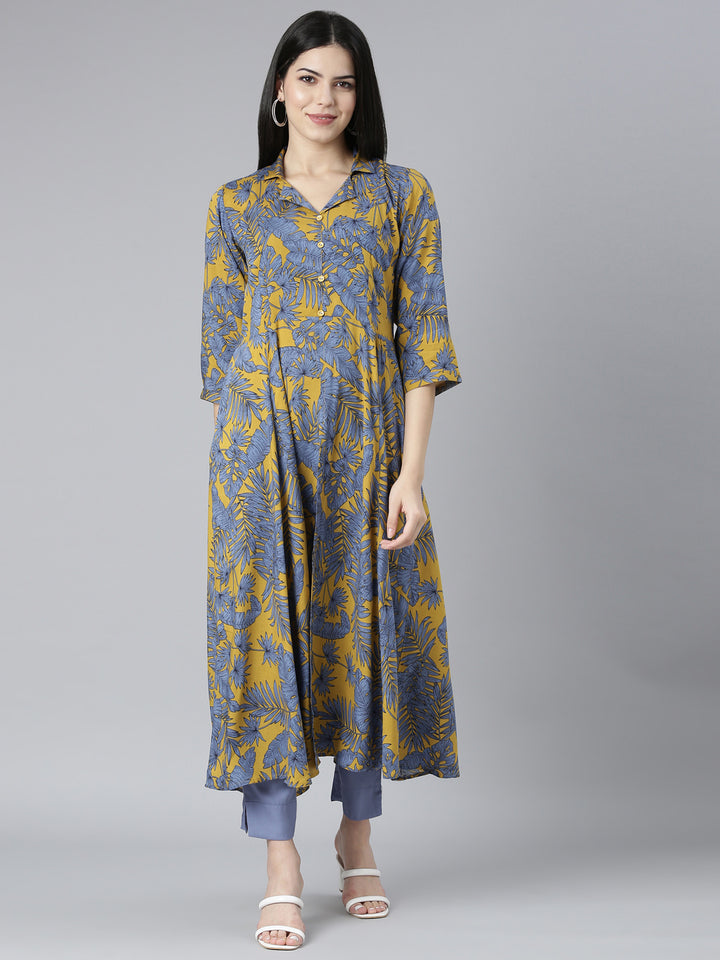 Neerus Yellow rayon printed kurta set with trousers - front view