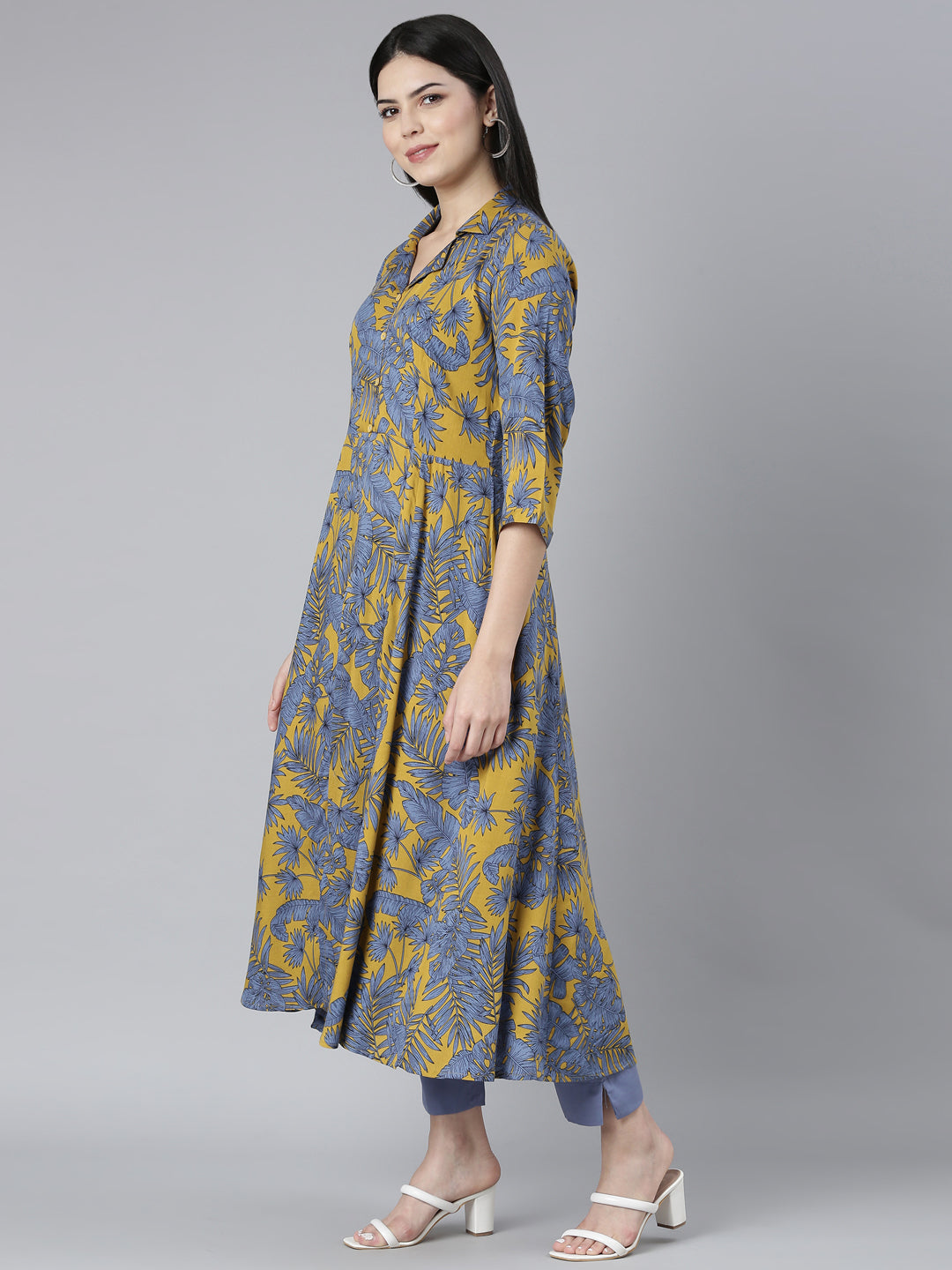 Neerus Yellow rayon printed kurta set with trousers - back view