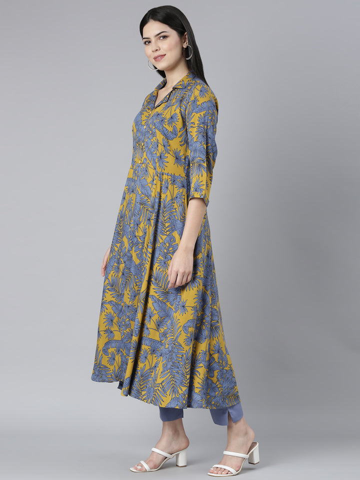Neerus Yellow rayon printed kurta set with trousers - back view