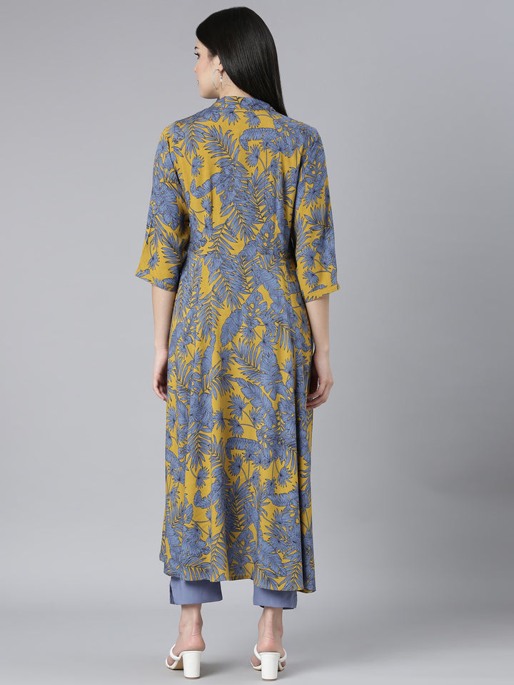 Neerus Yellow rayon printed kurta set with trousers - side view