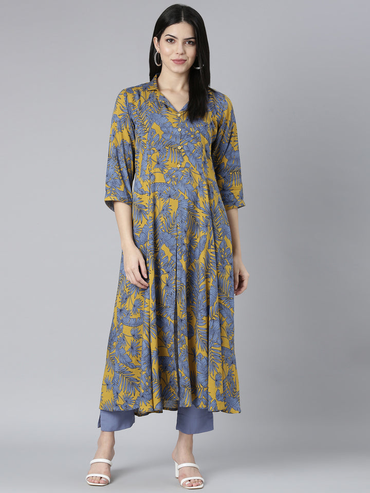 Neerus Yellow rayon printed kurta set with trousers - detail view 2