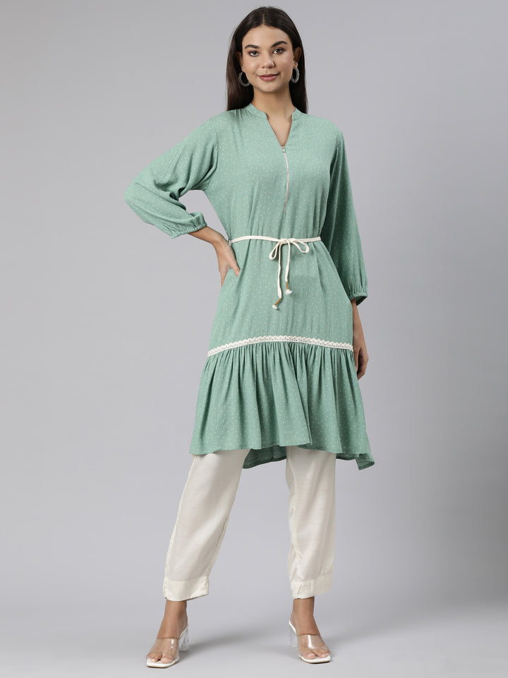 Neerus Green Regular A-Line Solid Kurtas