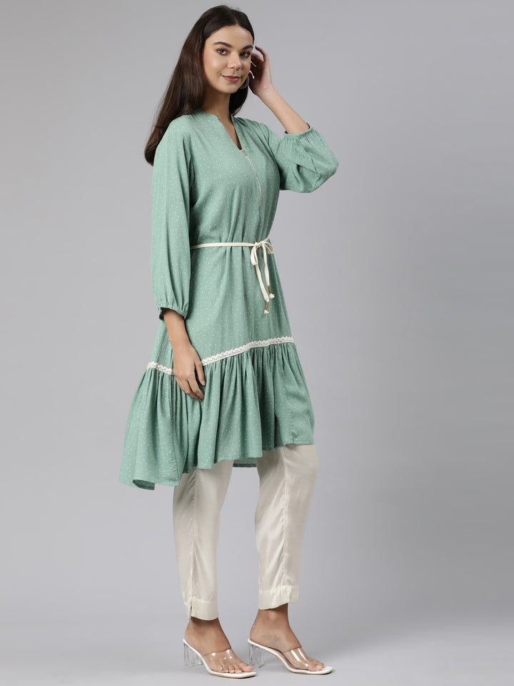 Neerus Green Regular A-Line Solid Kurtas