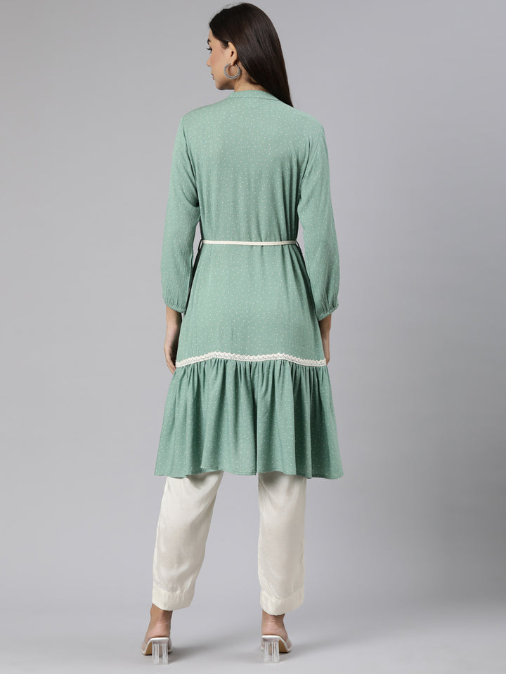 Neerus Green Regular A-Line Solid Kurtas