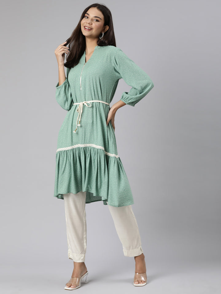Neerus Green Regular A-Line Solid Kurtas
