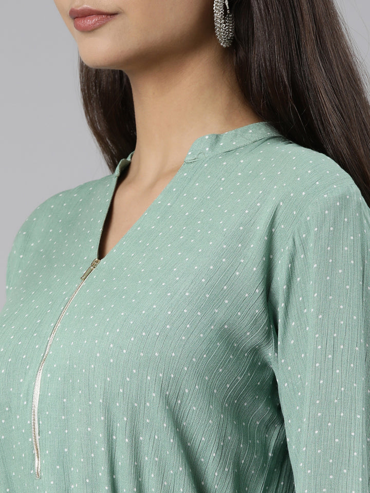 Neerus Green Regular A-Line Solid Kurtas