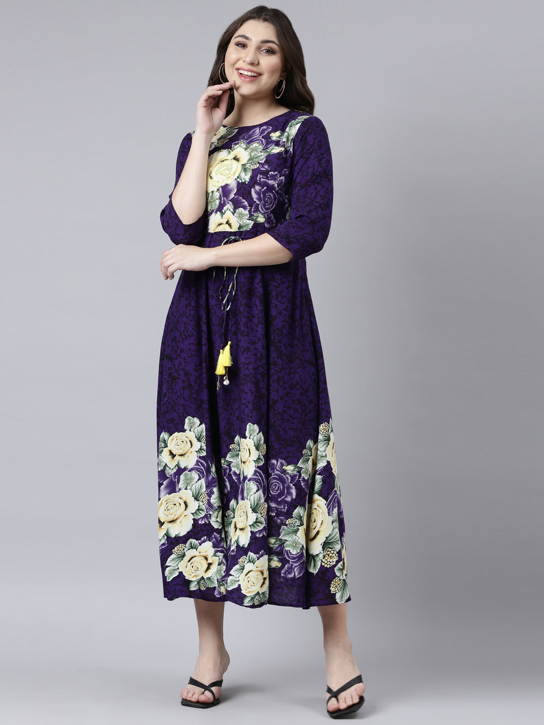 Neerus Purple Straight Casual Floral Maxi Dresses