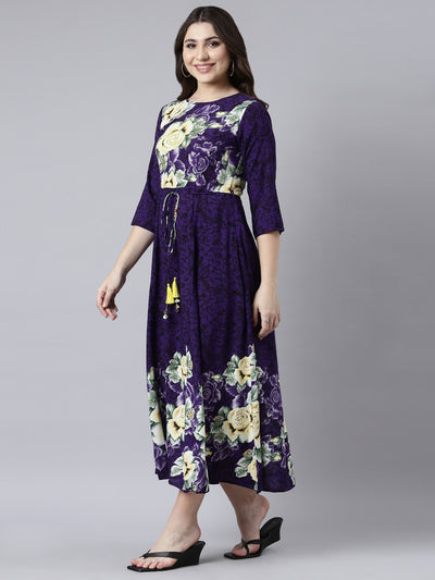Neerus Purple Straight Casual Floral Maxi Dresses