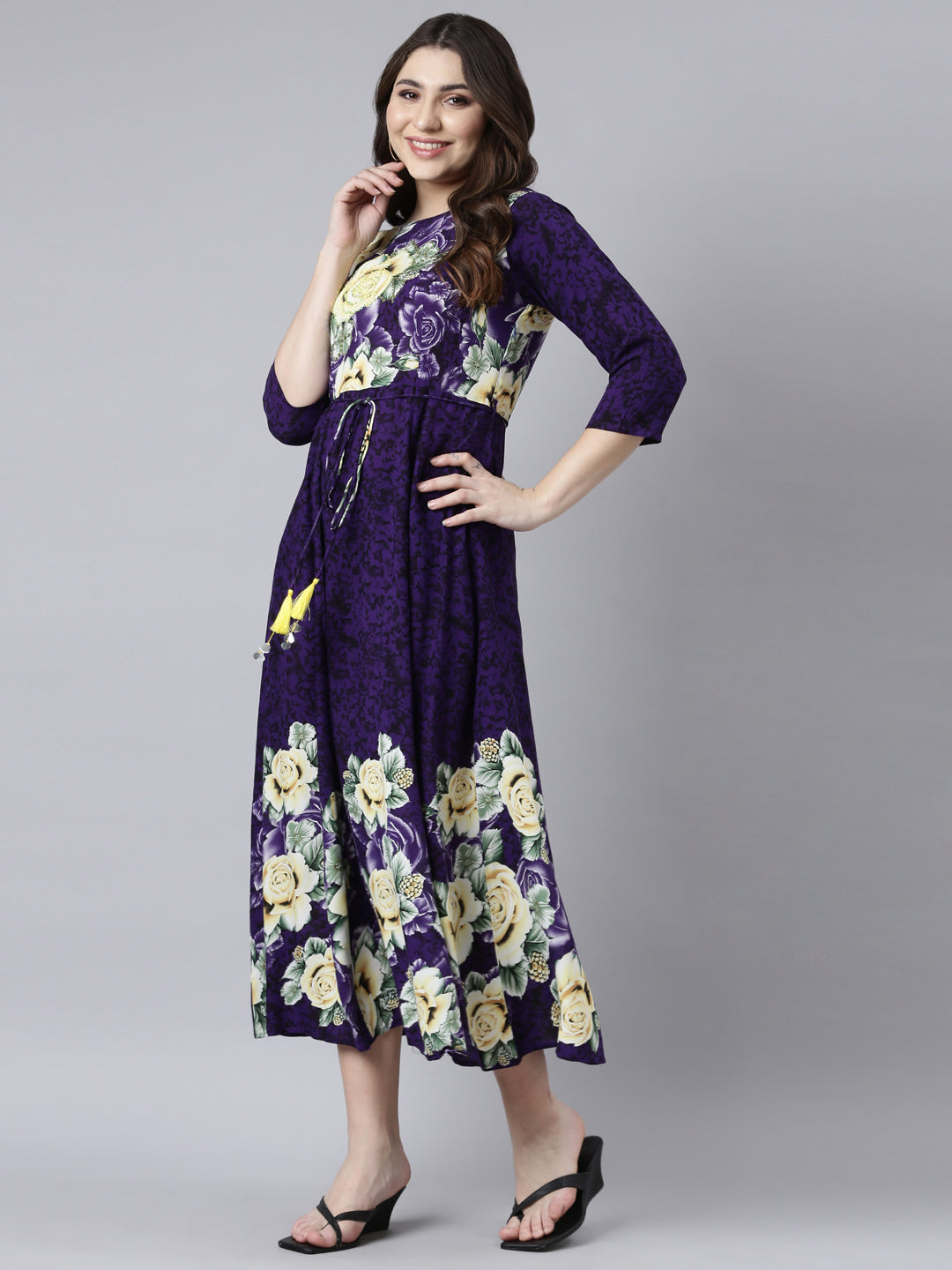 Neerus Purple Floral Printed Rayon Maxi Dress for Casual Women  Neerus  India