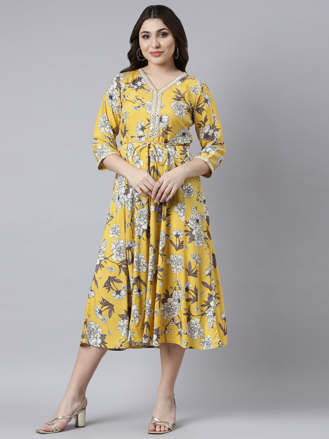 Neerus Mustard Straight Casual Floral Maxi Dresses