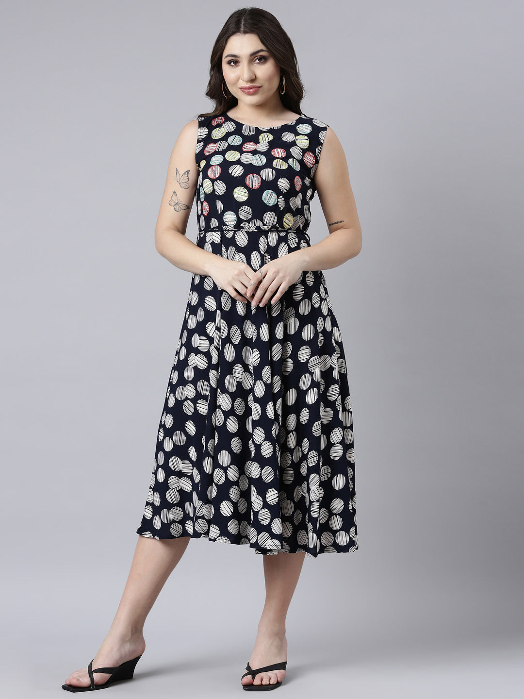 Neerus Navy Blue Straight Casual Floral Maxi Dresses