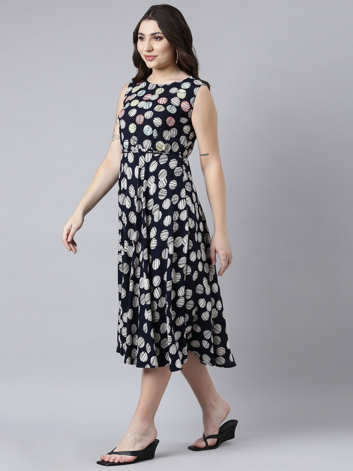 Neerus Navy Blue Straight Casual Floral Maxi Dresses