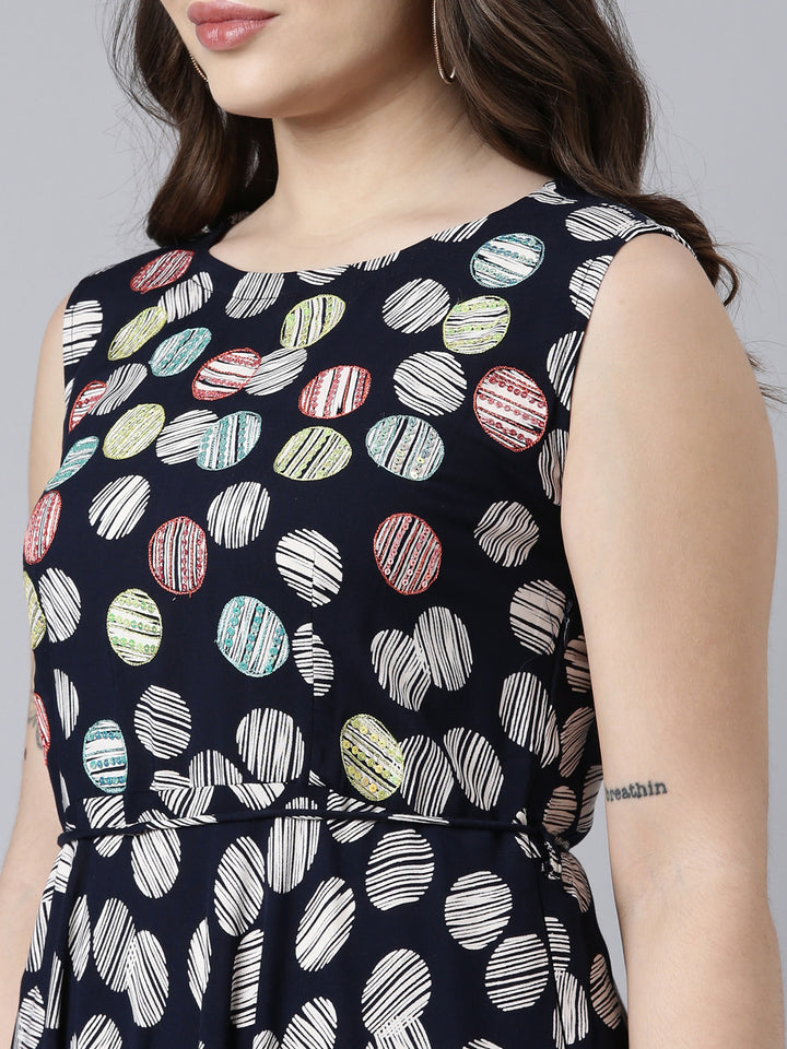 Neerus Navy Blue Straight Casual Floral Maxi Dresses