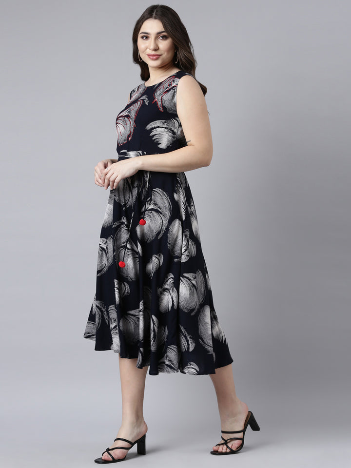 Neerus Navy Blue Straight Casual Floral Maxi Dresses