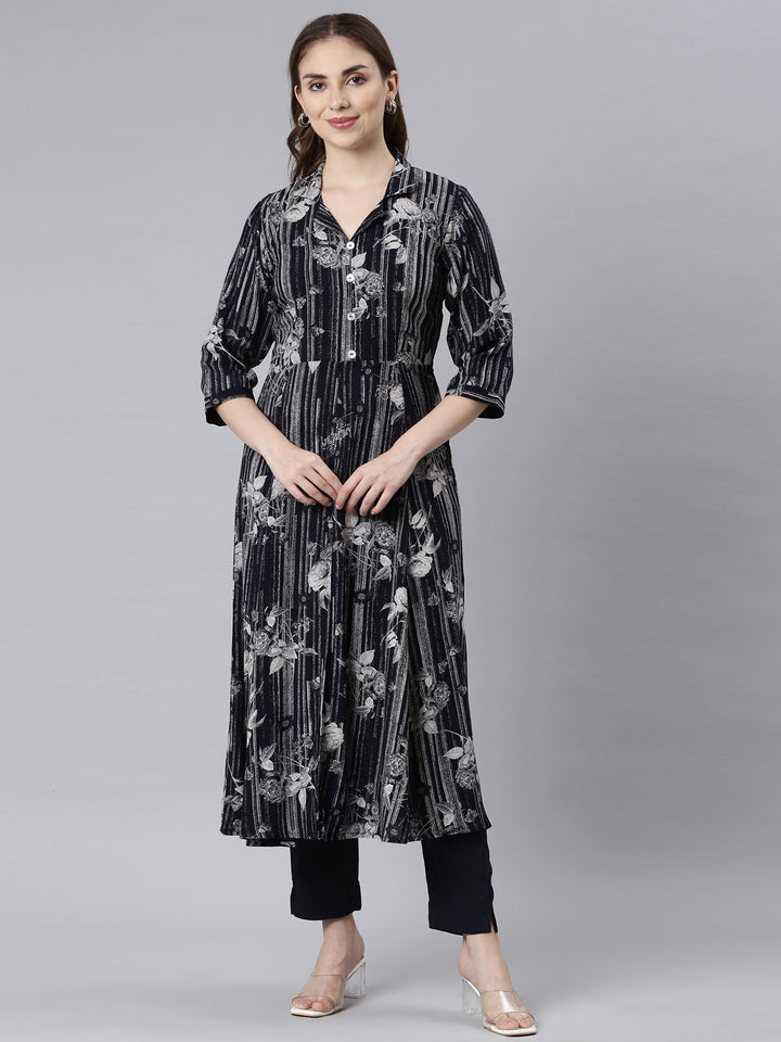 Neerus Black printed floral straight kurta set - front view