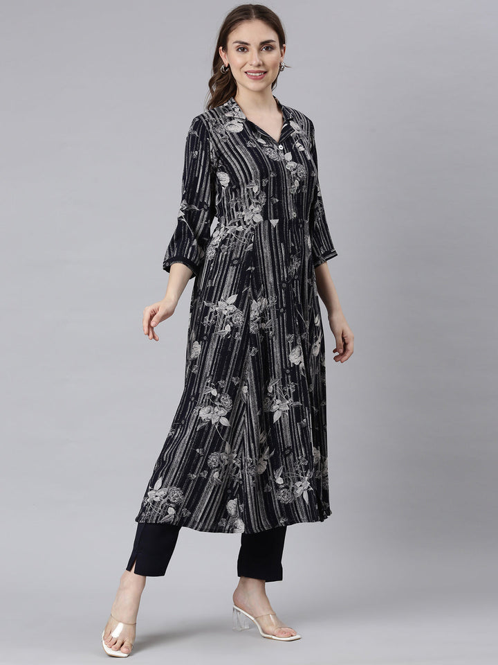 Neerus Black printed floral straight kurta set - side view