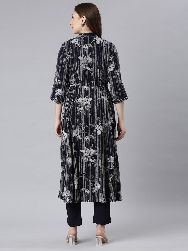 Neerus Black printed floral straight kurta set - detail view 1