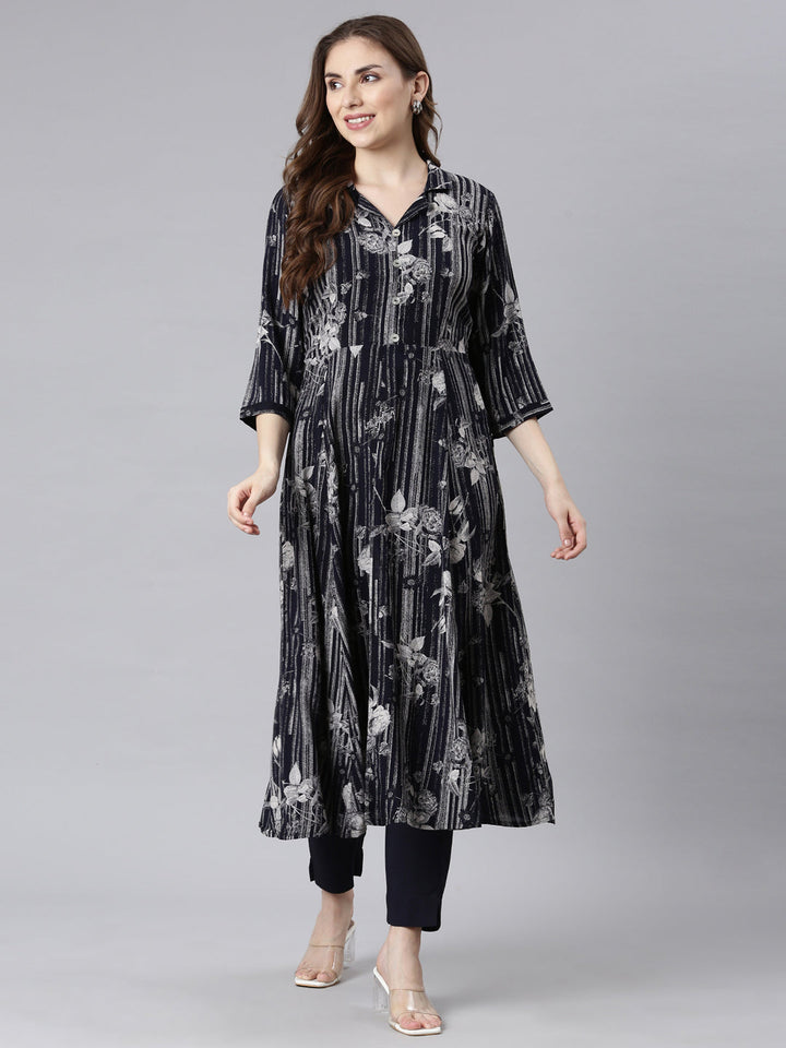 Neerus Black printed floral straight kurta set - detail view 2