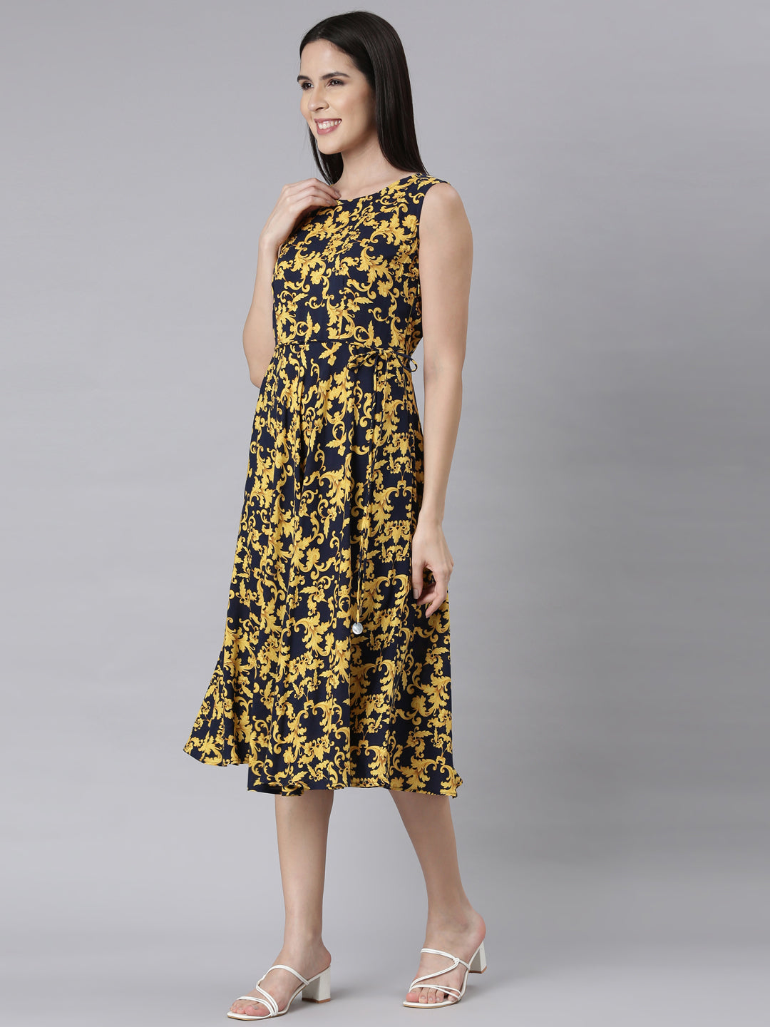 Neerus Blue floral printed anarkali kurti - back view