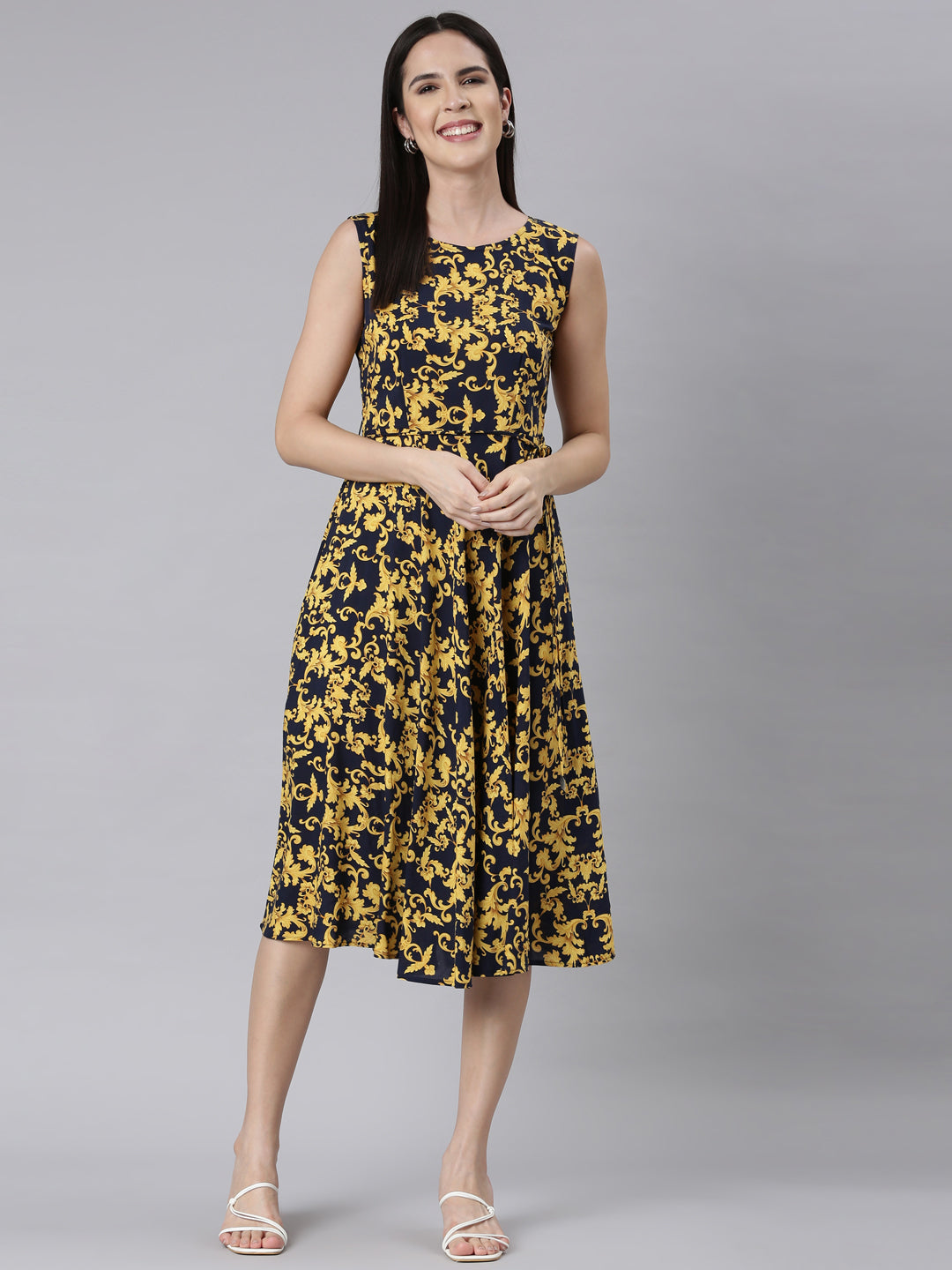 Neerus Blue floral printed anarkali kurti - front view