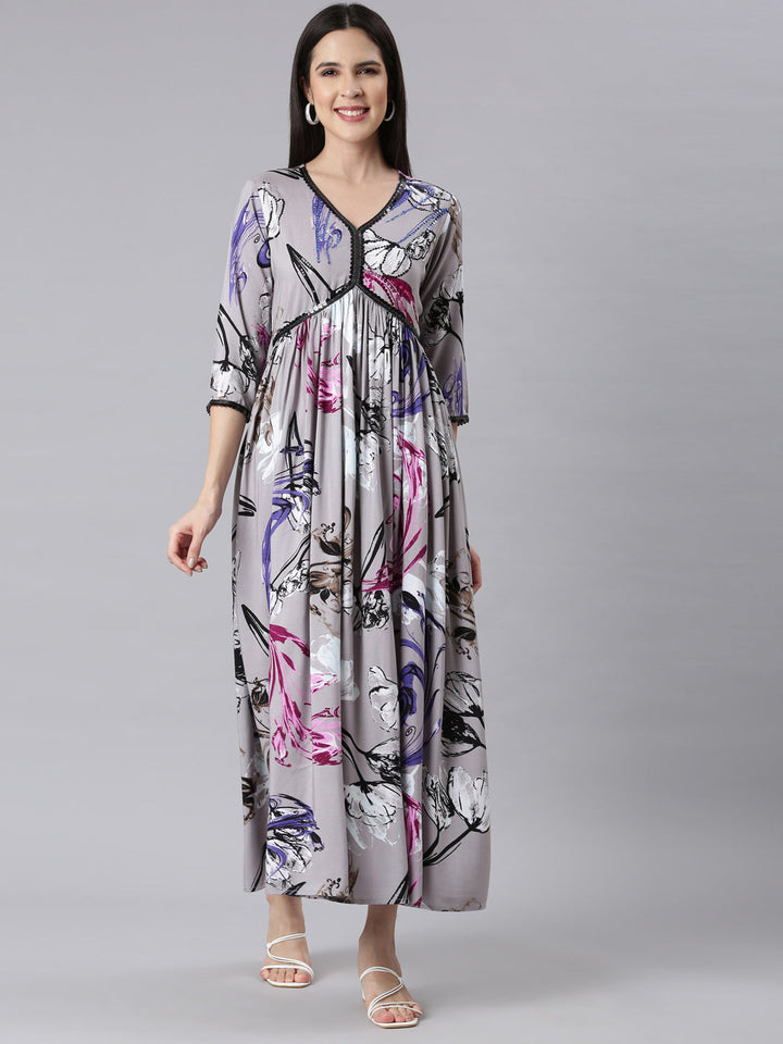 Neerus Grey Asymmetric Casual Floral Maxi Dresses