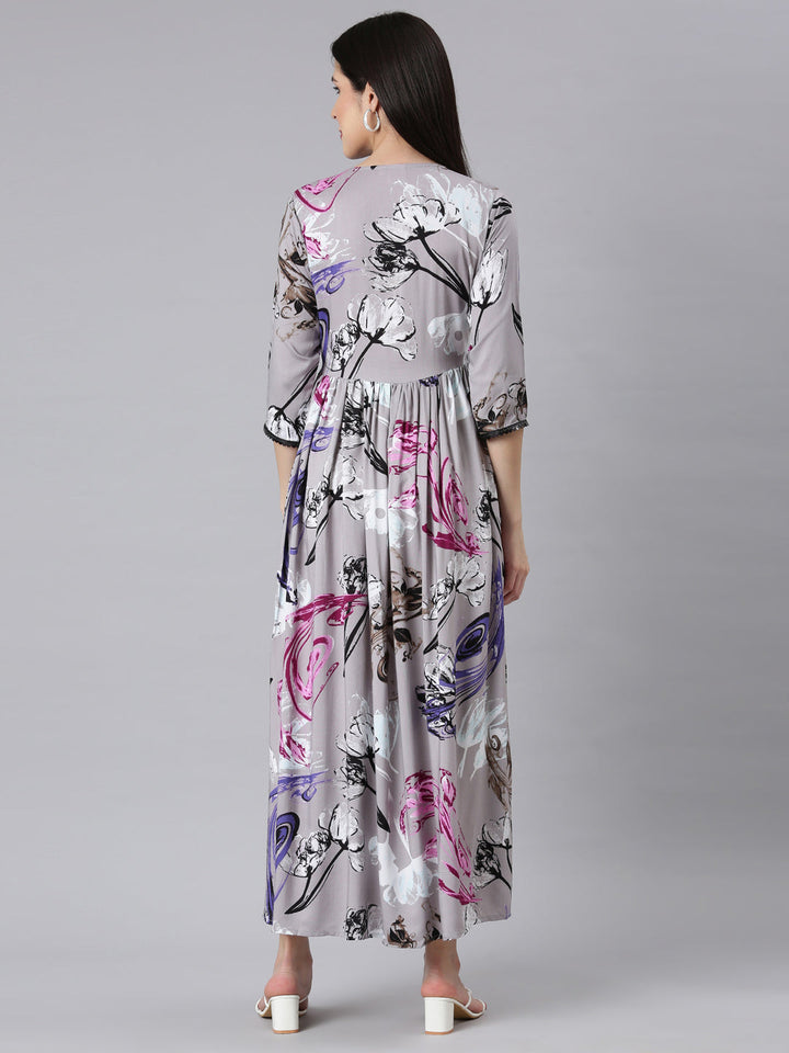 Neerus Grey Asymmetric Casual Floral Maxi Dresses