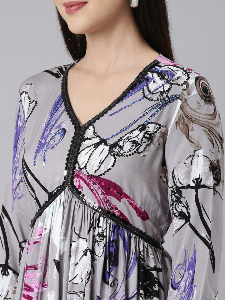 Neerus Grey Asymmetric Casual Floral Maxi Dresses