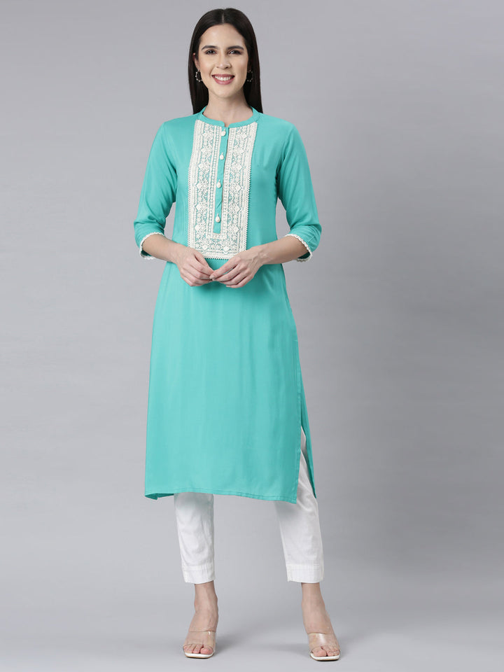 Neerus Green rayon embellished straight kurti - front view