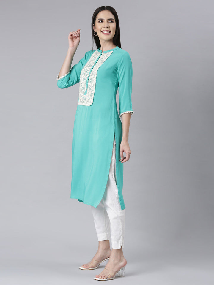 Neerus Green rayon embellished straight kurti - back view