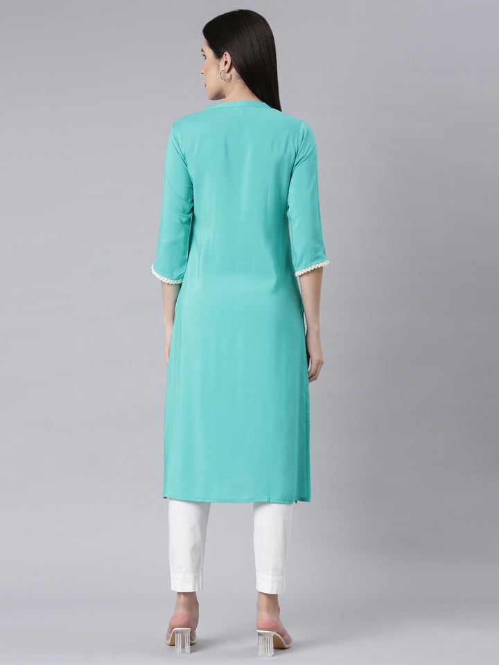 Neerus Green rayon embellished straight kurti - side view