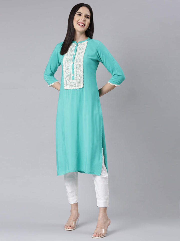 Neerus Green rayon embellished straight kurti - detail view 1