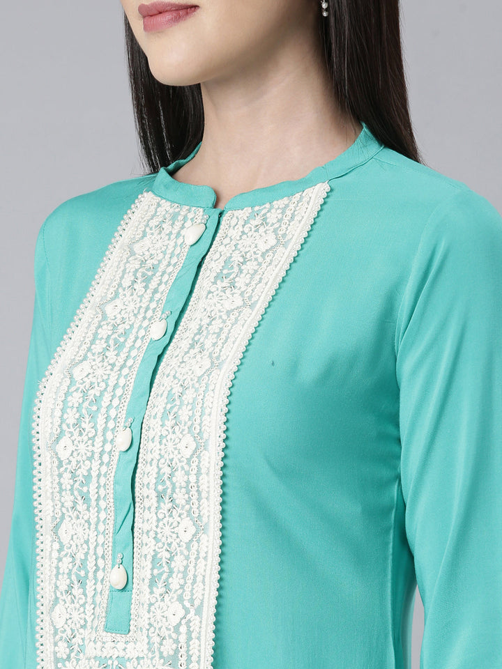 Neerus Green rayon embellished straight kurti - detail view 2