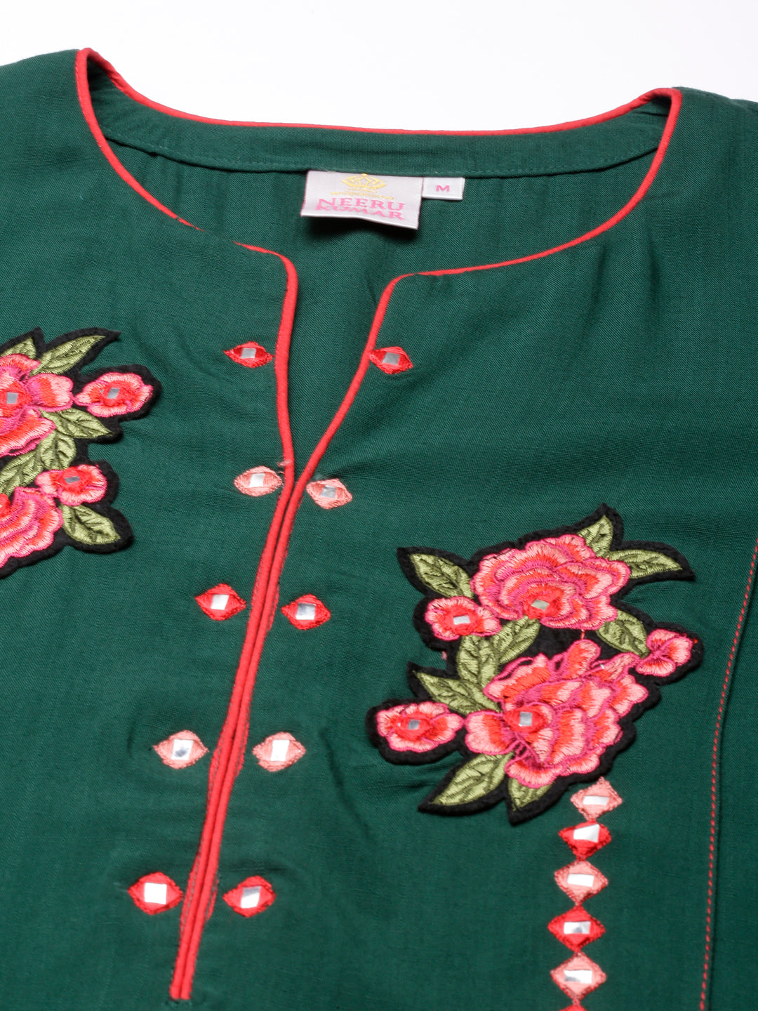Neerus Green cotton solid straight kurta - detail view 1