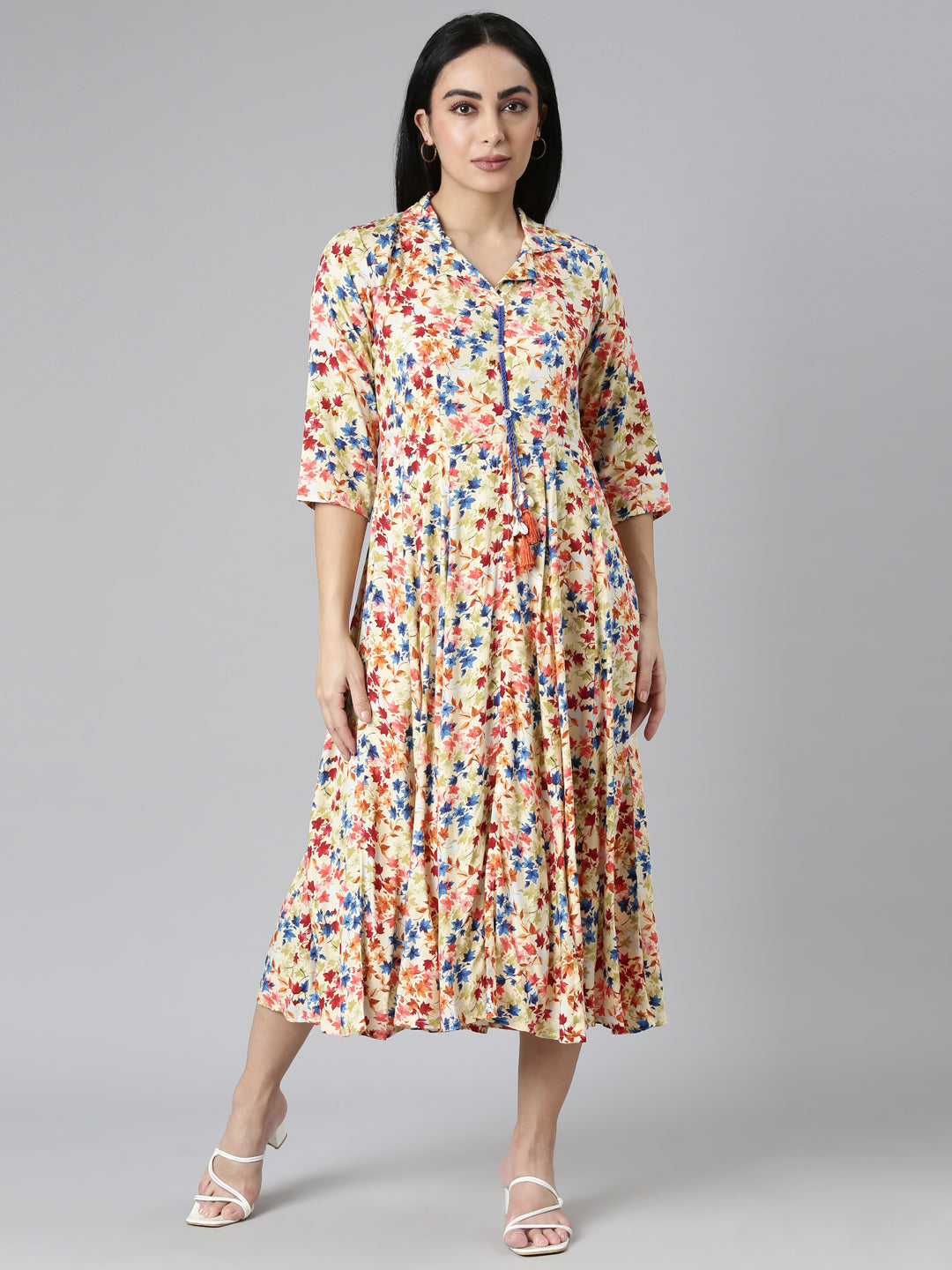 Neerus Yellow Floral Printed Rayon Flared Dress for Casual Women  Neerus  India