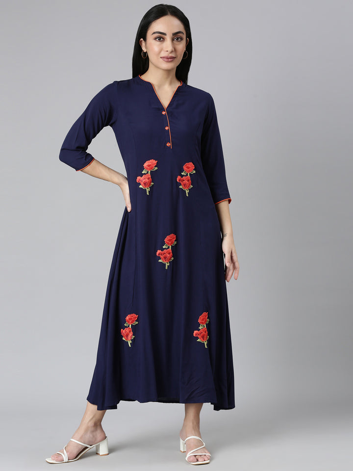 Neerus Blue Straight Casual Solid Straight Kurtas