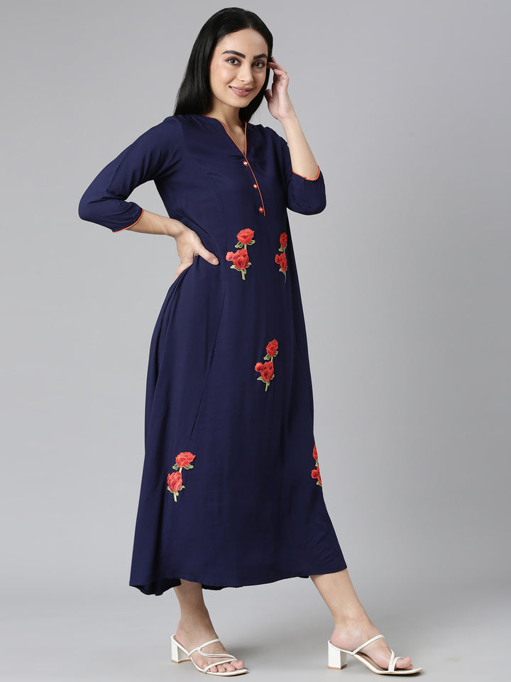 Neerus Blue Straight Casual Solid Straight Kurtas