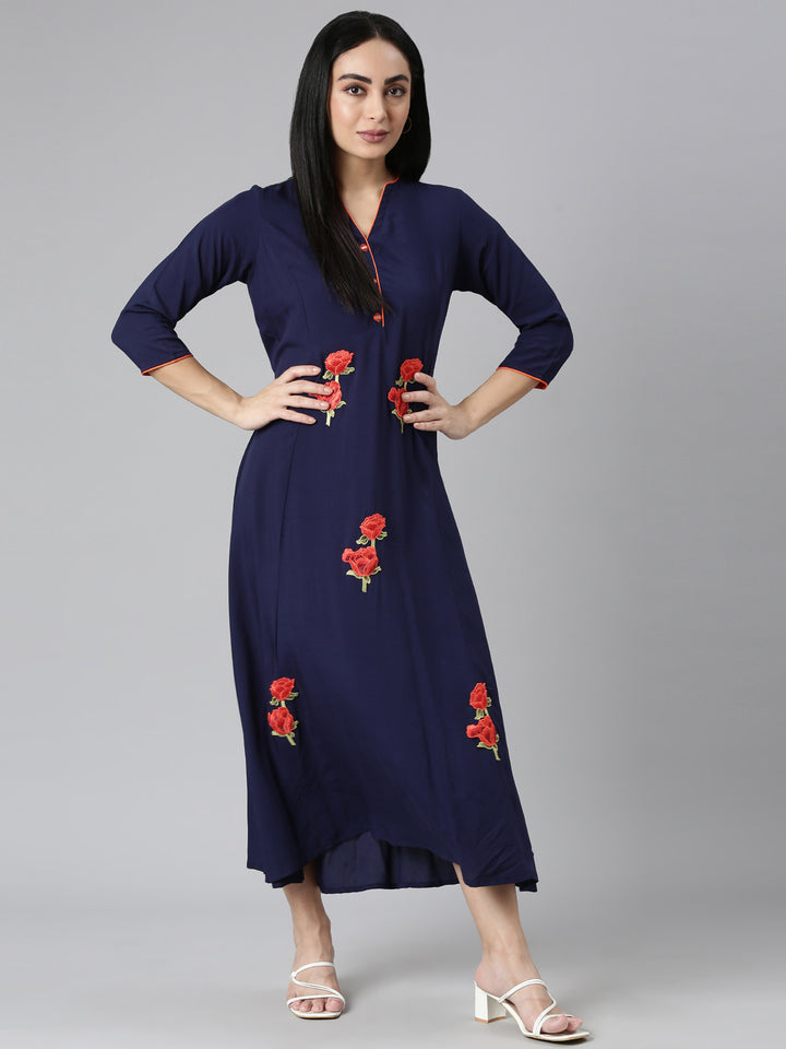 Neerus Blue Straight Casual Solid Straight Kurtas