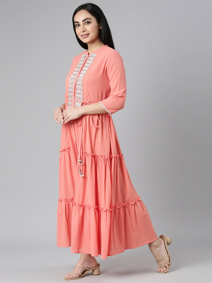 Neerus Orange Flared Casual Solid Maxi Dresses