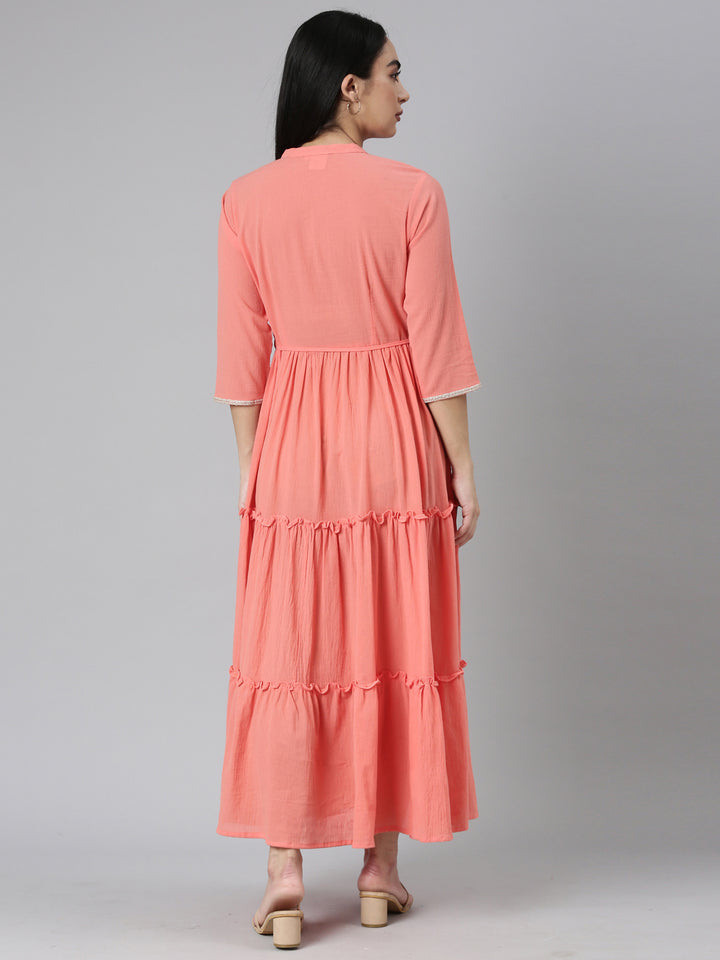 Neerus Orange Flared Casual Solid Maxi Dresses