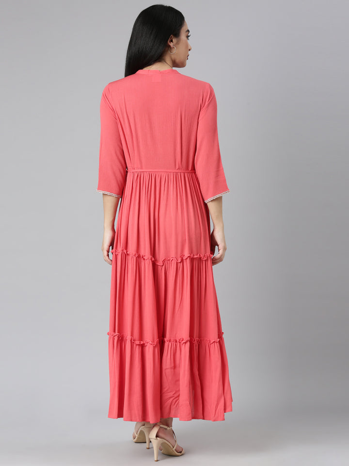 Neerus Orange Flared Casual Solid Maxi Dresses