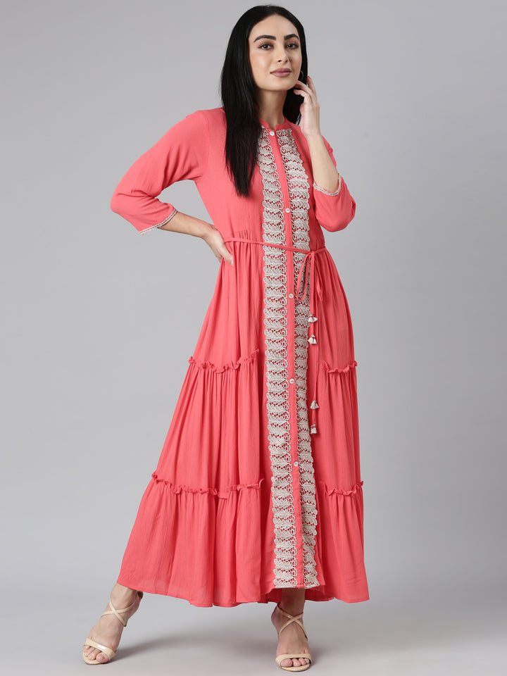 Neerus Orange Flared Casual Solid Maxi Dresses