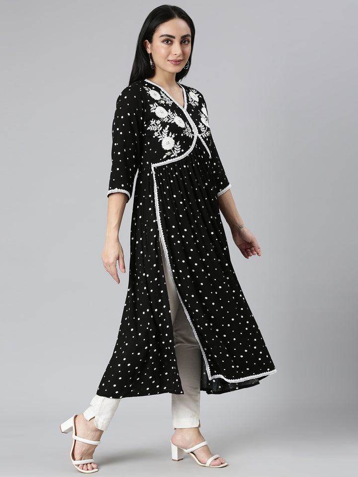 Neerus Black chiffon printed anarkali kurta - back view