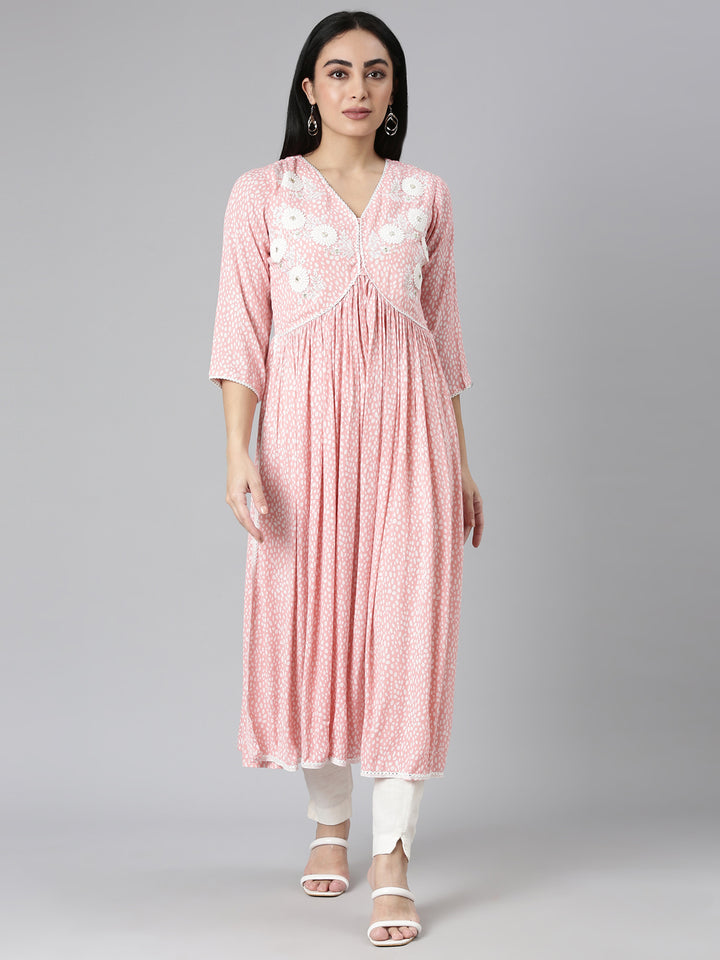 Neerus Pink Straight Casual Floral Anarkali Kurtas