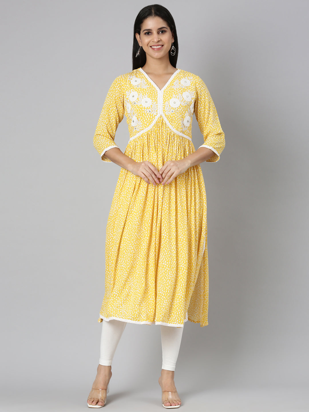 Neerus Mustard Straight Casual Floral Anarkali Kurtas