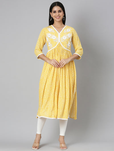 Neerus Mustard Straight Casual Floral Anarkali Kurtas